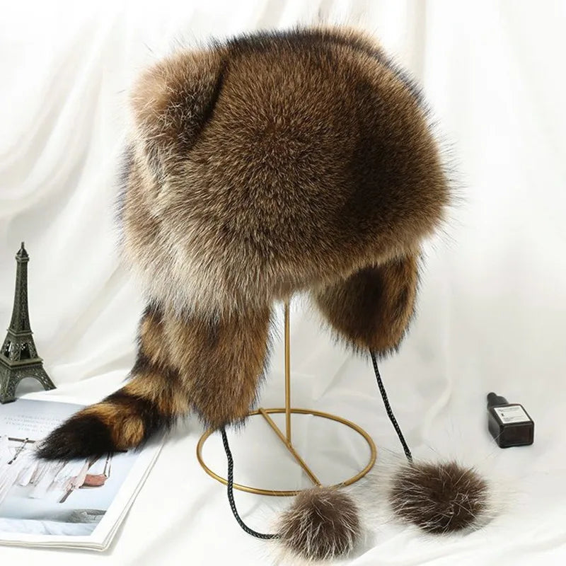 trend Raccoon Fur Cap Tail Women Natural Raccoon Fur Caps Ushanka Hats for Winter Thick Warm Ears Fashion Bomber Pom Pom Hat