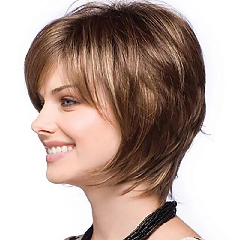 KIMLUD, HAIRJOY Women Straight Bangs Style Pixie Cut Synthetic Hair Wig Brown Mixed Short Wigs Machine Made, KIMLUD Womens Clothes