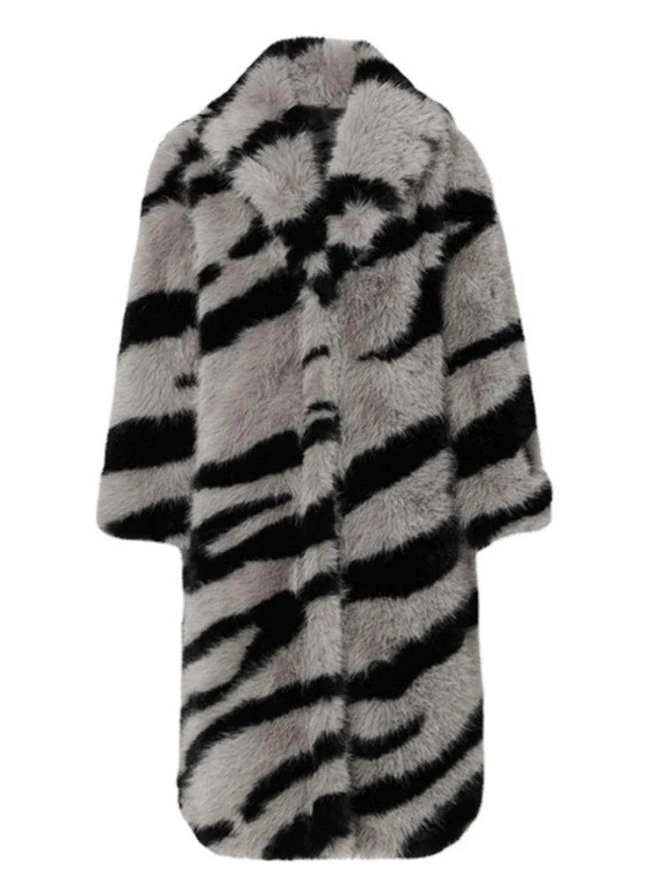 2024 Winter Vintage Thick Warm Long Faux Fur Coat Women Zebra-stripe Printed Fluffy Jacket Fur Coat Large Size Luxury Overcoat