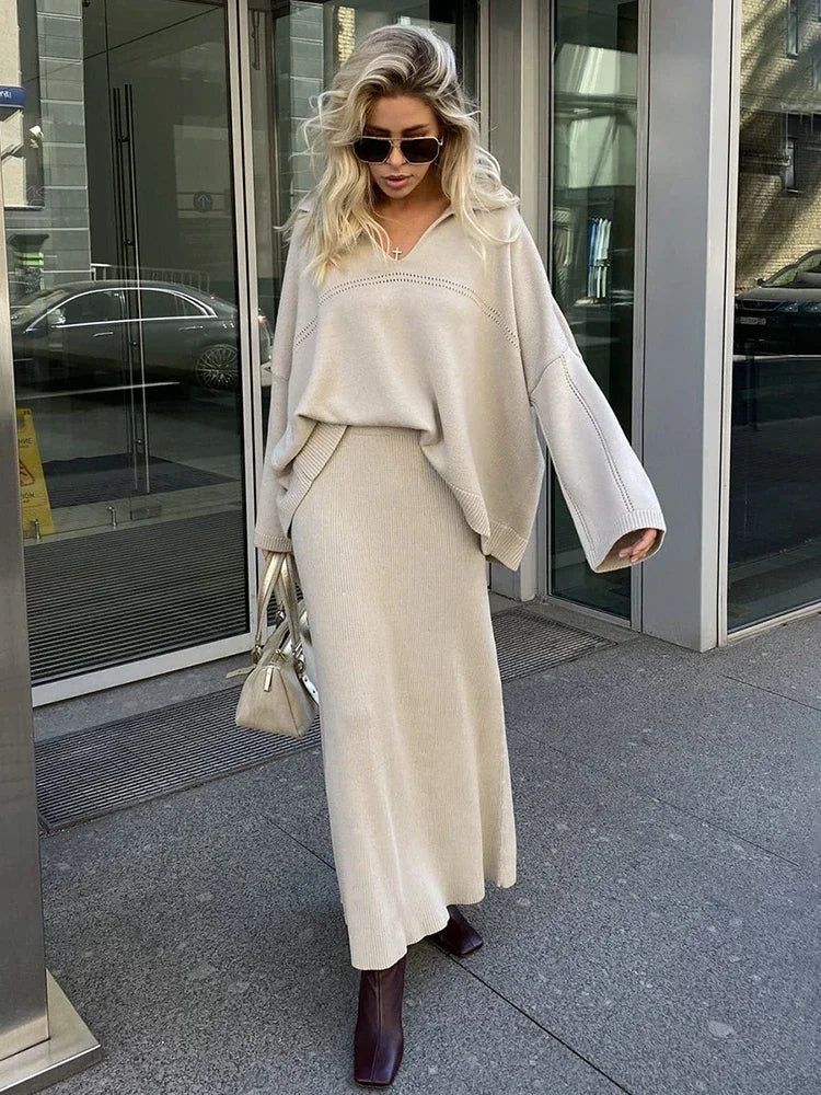 TARUXY Solid Loose Sweater Suit Female Fashion V-Neck Knit Pollover Top Long Skirt High Waist Autumn Winter Skirt 2 Piece Set