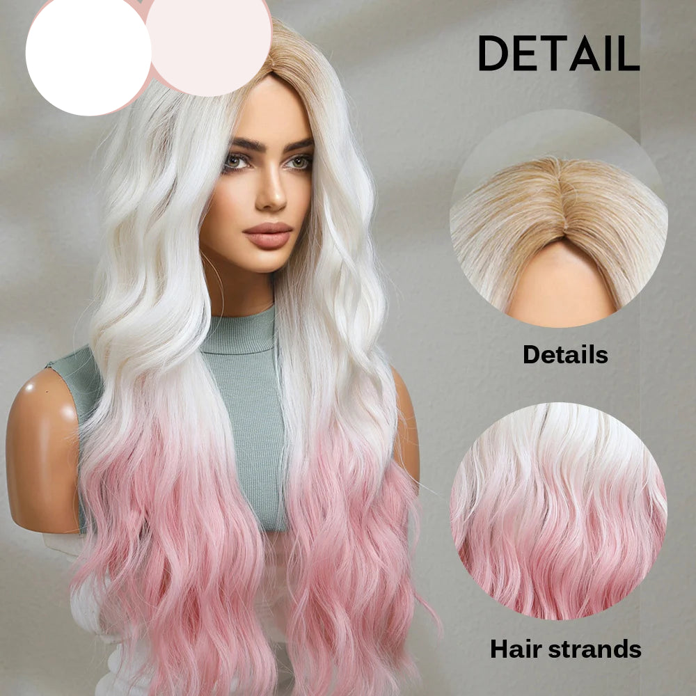 KIMLUD, oneNonly Pink White Long Wig Blonde Rainbow Wavy Wigs Halloween Cosplay Party Wigs for Women Makeup Tools Synthetic Hair, KIMLUD Womens Clothes