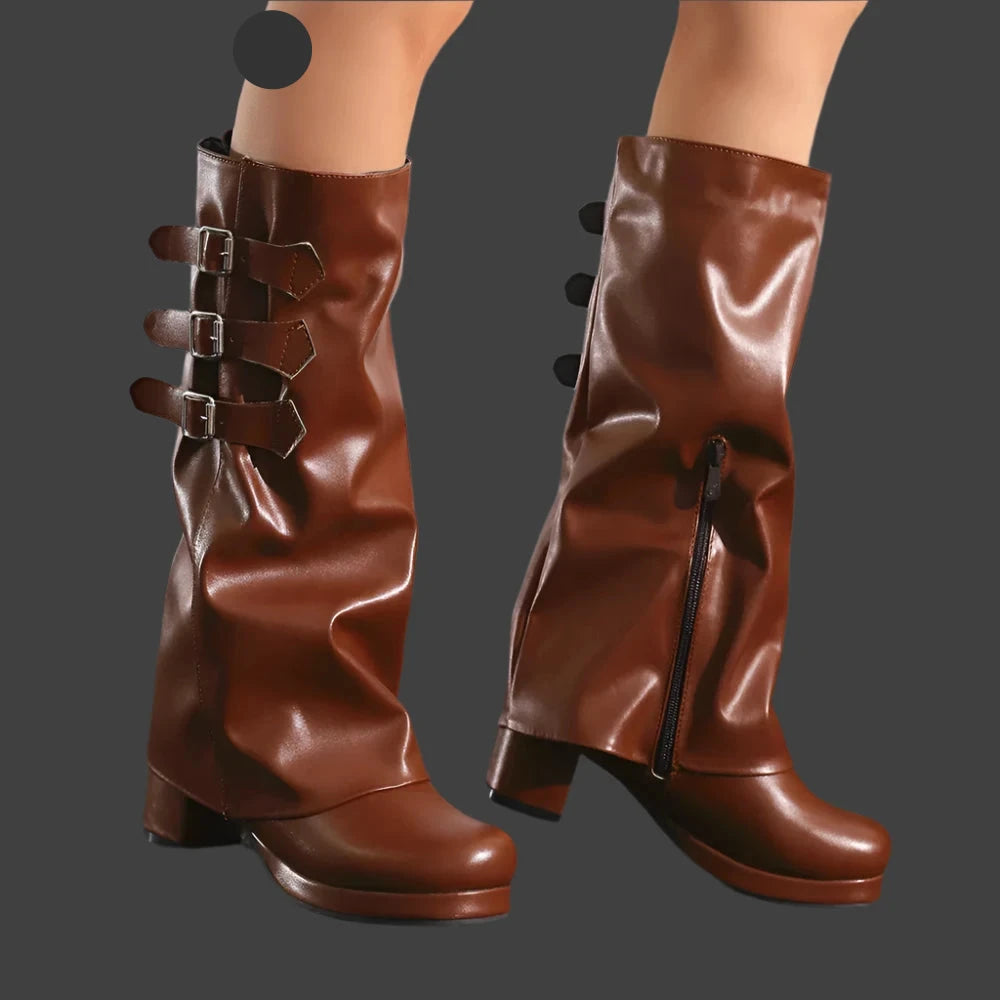 Women Thick Bottom Motorcycle Boots Women Knee High Boots Autumn Winter Women Gothic Punk Buckle Casual Boots Brown White Black