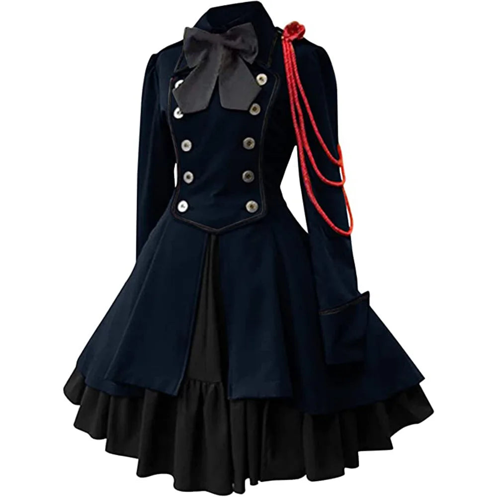 Medieval Cosplay Costumes Retro Gothic Lace Up Chain Bow Lolita Maid Dress Long Sleeves Ruffle Classic Slim Knee Sweet Dress