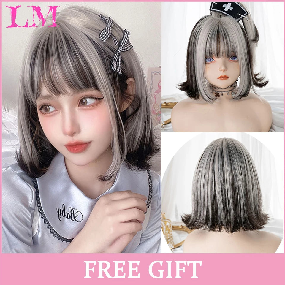 LM Long Natural Wavy Platinum Blonde Pink Wigs with Bangs Cosplay Party Lolita Synthetic Wigs for Women Heat Resistant Fiber