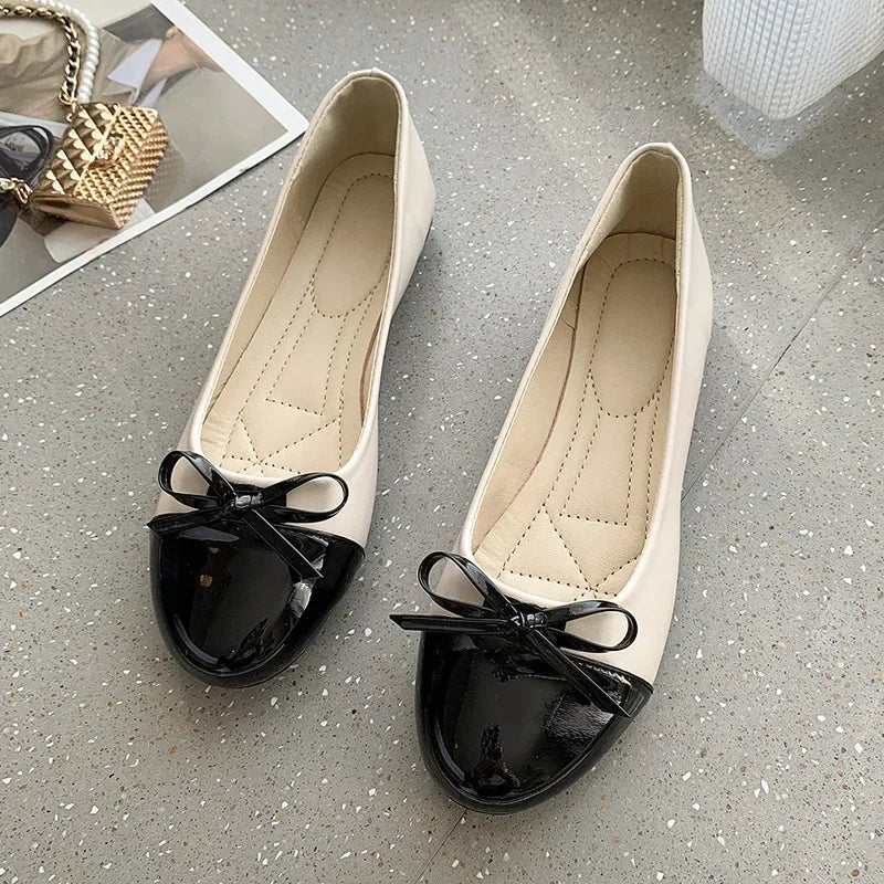 Ballerina Women's Flat Shoes Comfort Non-slip Ladies Loafers Leather Flats Elegant Bowknot Women's Single Shoes Mother's Shoes