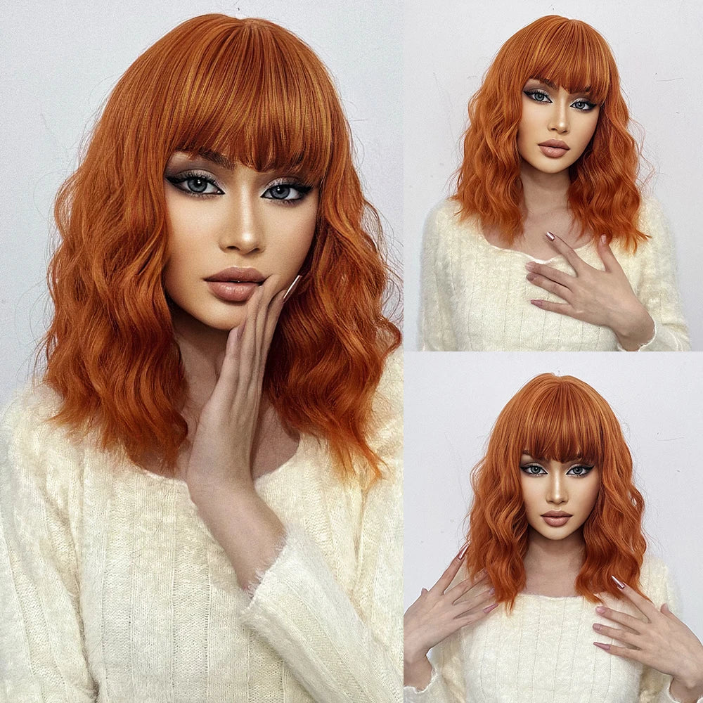 KIMLUD, HENRY MARGU Red Copper Ginger Synthetic Wigs with Bangs Medium Water Wave Natural Bob Daily Hair Wigs for Women Heat Resistant, WL1006-1 wig, KIMLUD APPAREL - Womens Clothes