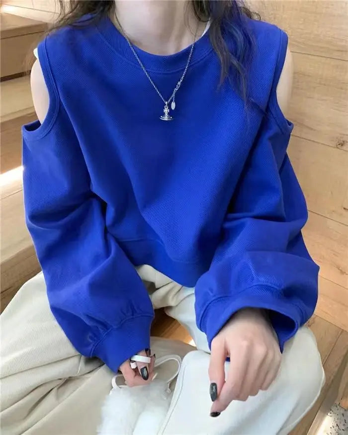 Spring Autumn Casual Fashion Hollow Out Sweatshirt Ladies Loose All-match Off the Shoulder Top Women Korean Style Solid Pullover