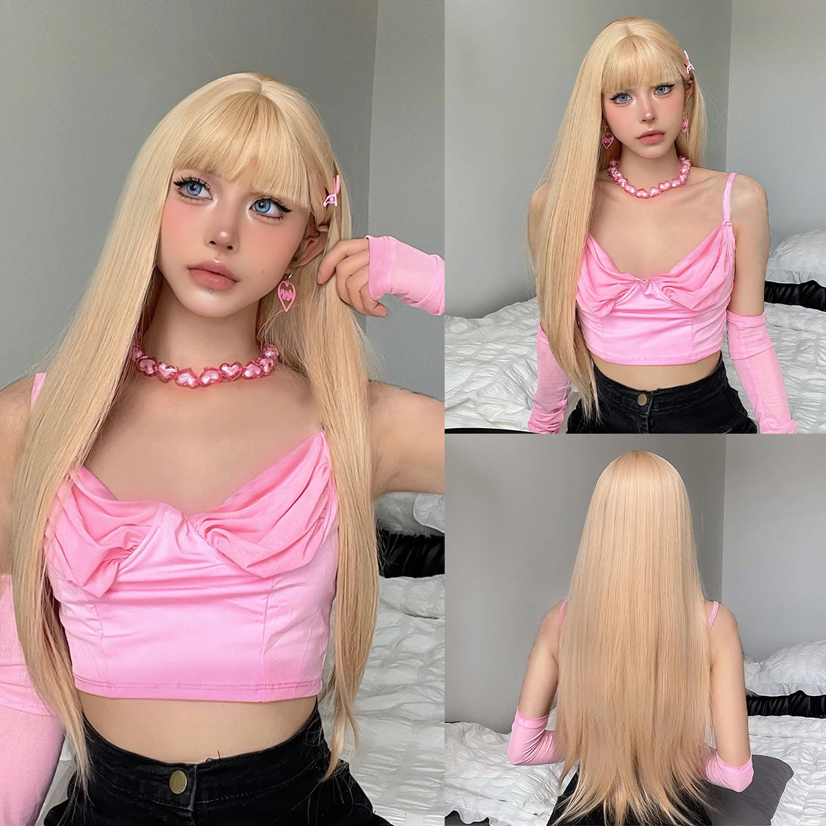 KIMLUD, Ombre Synthetic Straight Cosplay Women Hair Platinum Blonde to Black Hair Long Layered Natural Wigs with Bangs for White Women, Wig-LC1053-2, KIMLUD APPAREL - Womens Clothes