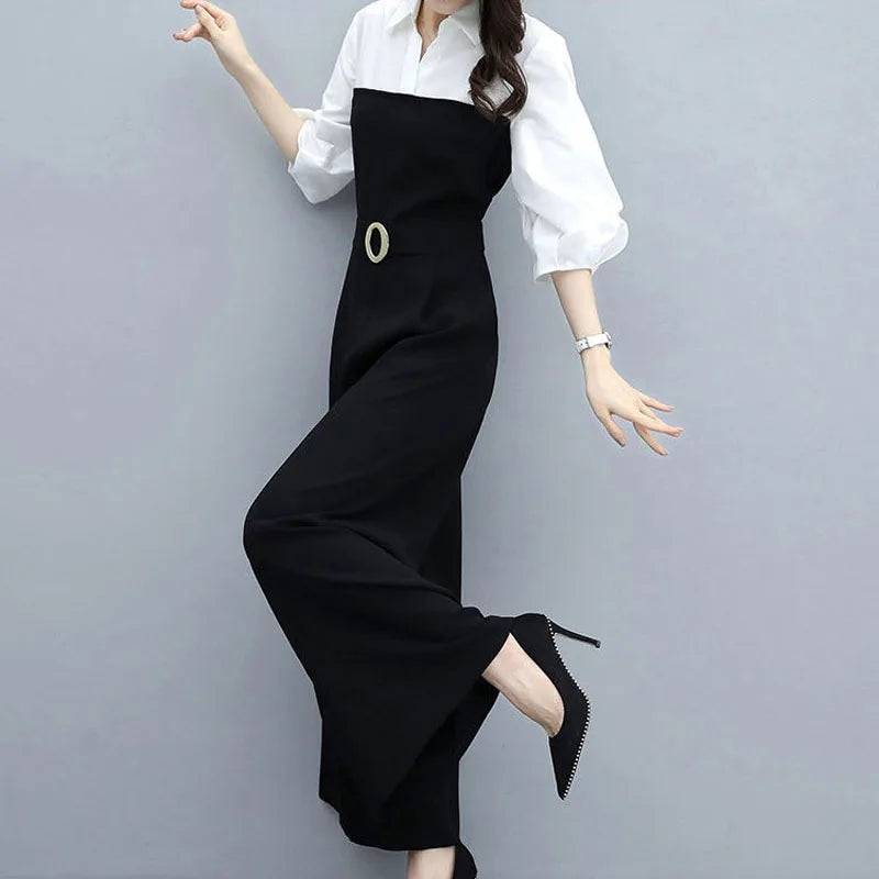 KIMLUD, Office Lady Fashion Solid Color Spliced Jumpsuits Summer Female 3/4 Sleeve Casual High Waist Wide Leg Jumpsuits Women's Clothing, KIMLUD Womens Clothes