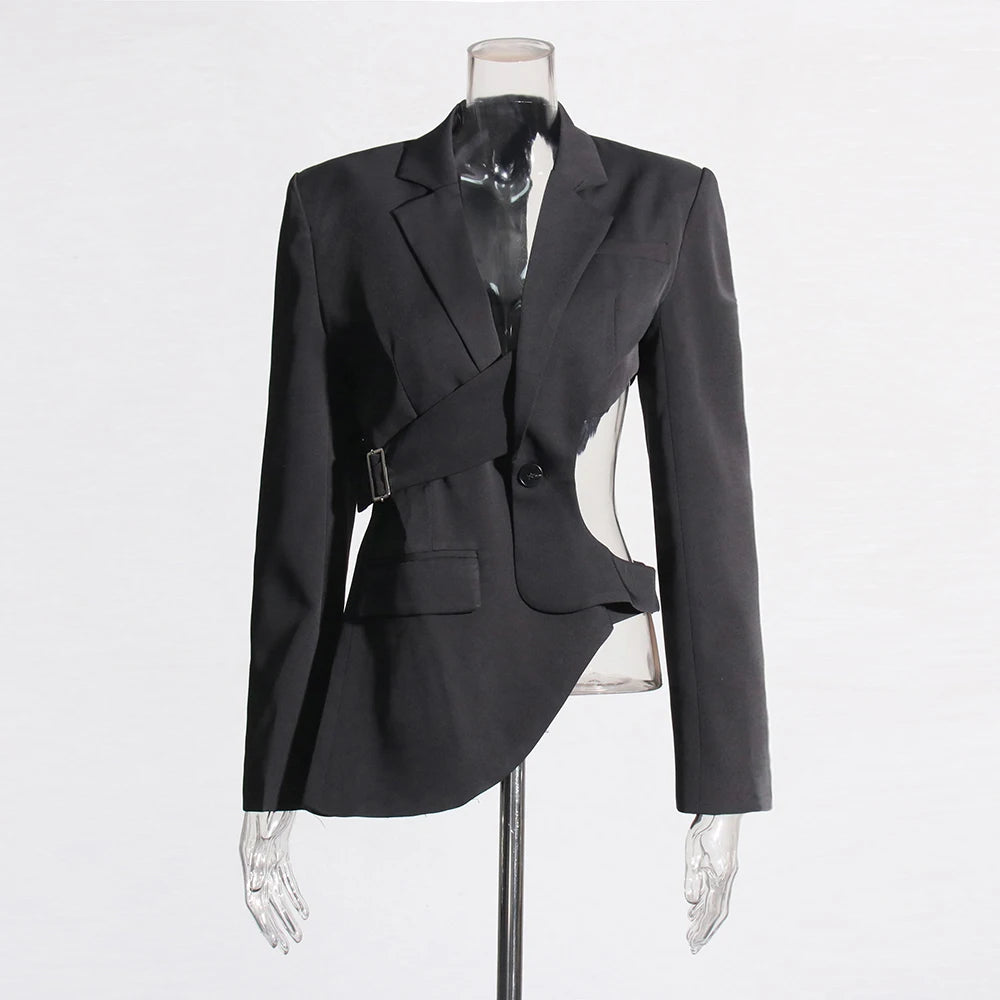 VGH Irregular Hollow Out Elegant Blazer For Women Notched Collar Long Sleeve Spliced Button Temperament Slimming Blazers Female