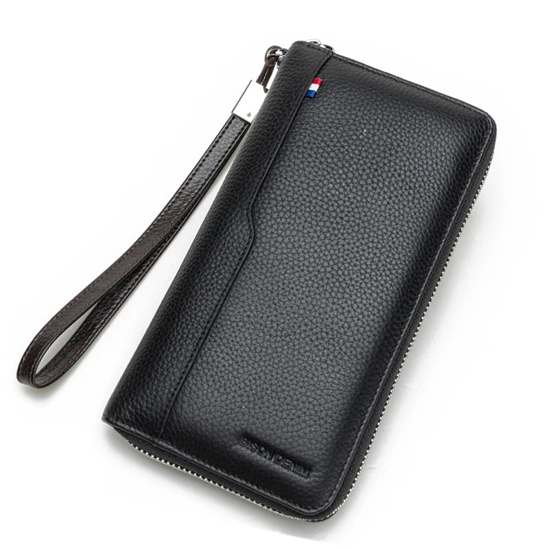 BISON DENIM Genuine leather Wallet Men Zipper Coin Pocket Long Purse Male Passport Cover RFID Blocking Card Holder Wallet