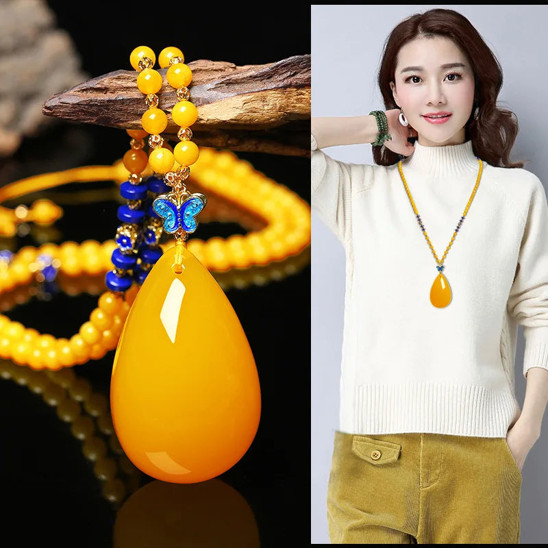 Drainage Gift Beeswax Pendant Women's Water Drop with Shape Sweater Chain Blue Carving Amber Necklace Pendant