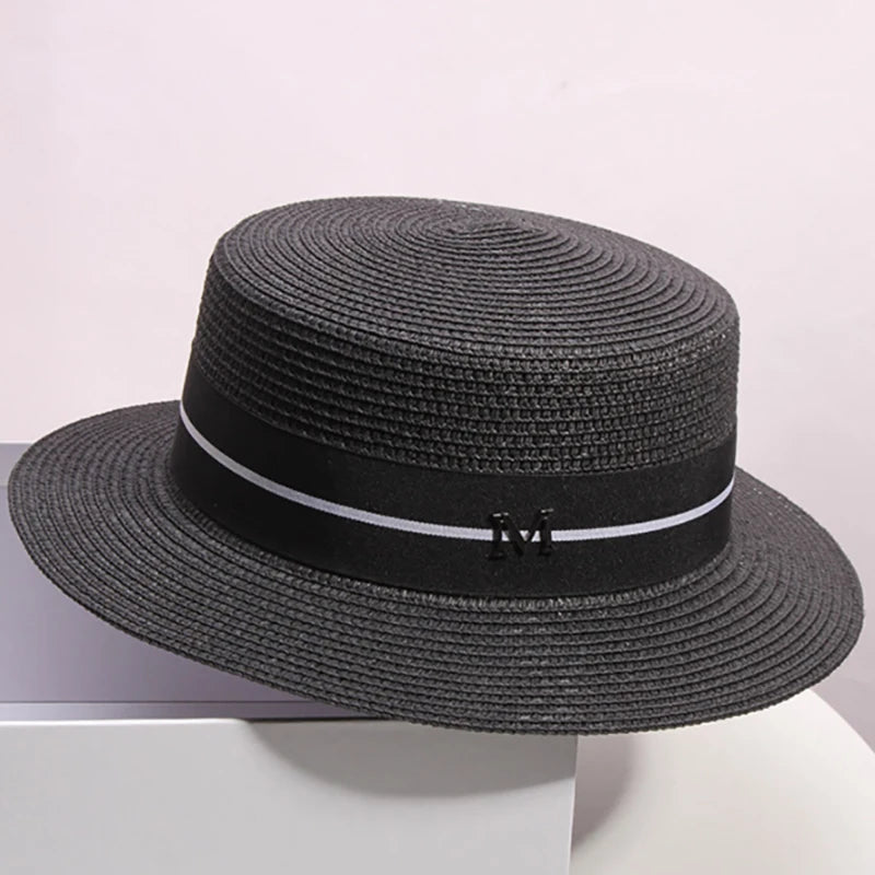 KIMLUD, Hat For Women Panama Hat Summer Beach Hat Female Casual Lady Girls Flat Brim Straw Cap Girls Sun Hat Chapeu Feminino, black / 56-58cm, KIMLUD APPAREL - Womens Clothes