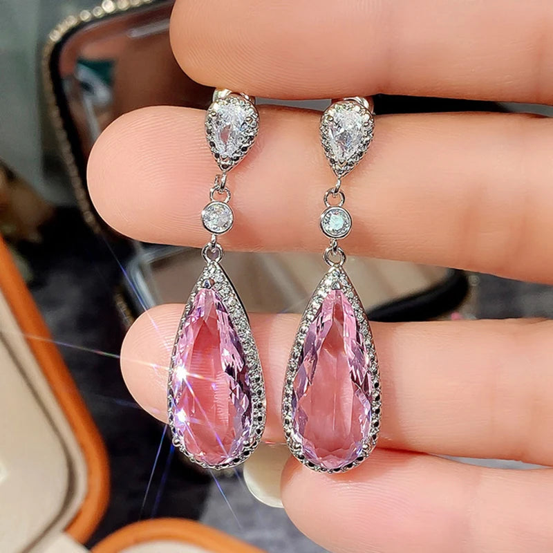 KIMLUD, Luxury Fashion Drop Cut Pink Cubic Zirconia CZ Stone Drop Dangle Earrings For Women Banquet Party Jewelry Gift, KIMLUD Womens Clothes