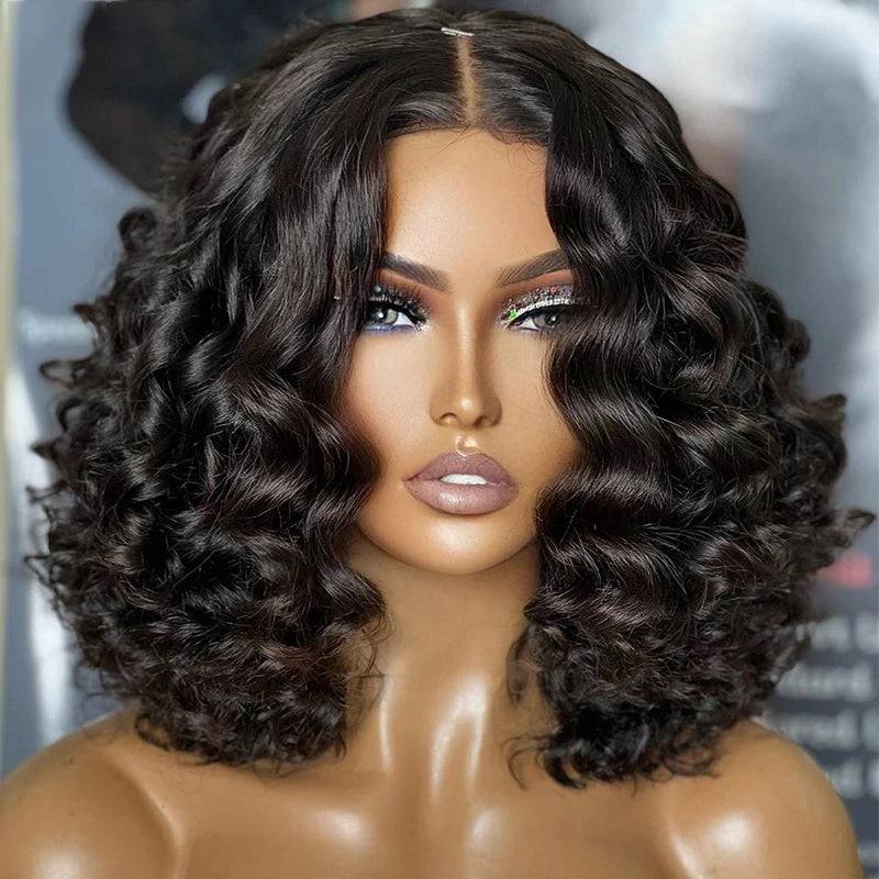 Short Bob Soft 180Density Deep Wave Curly Natural Black Color Lace Front Wig For Women With Baby Hair Glueless Preplucked Daily