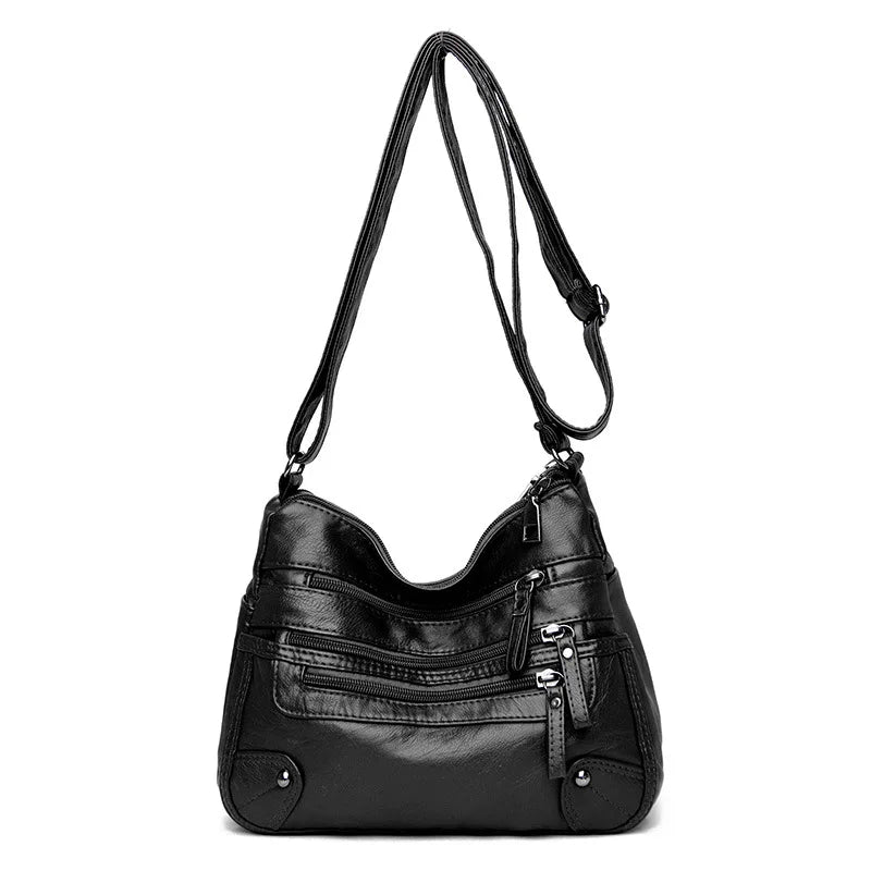 Women's Multi Zipper Shoulder Bag, Versatile Solid Color Faux Leather Crossbody Bag - KIMLUD