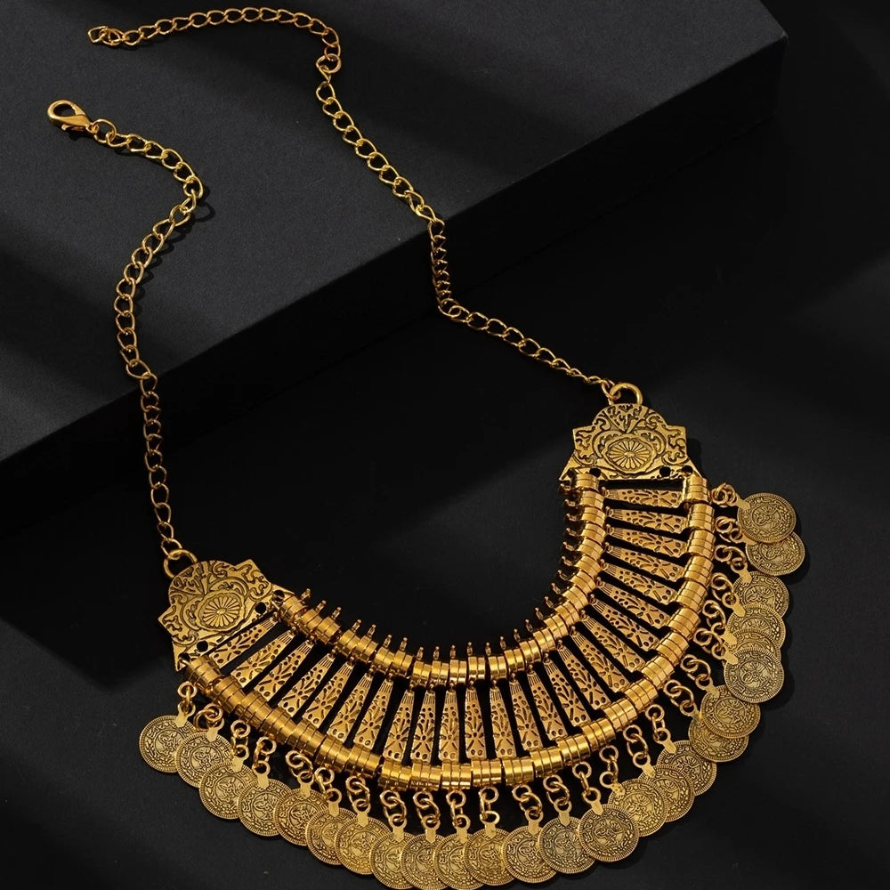 KIMLUD, Gypsy Bohemia Metal Coin Tassel Statement Choker Necklace Women Boho Afghan Turkish Ethnic Tribal Jewelry, T320Gold, KIMLUD APPAREL - Womens Clothes