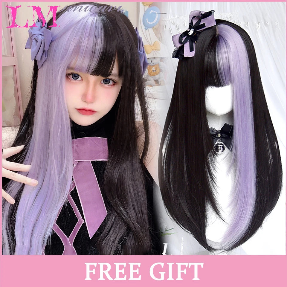 LM Long Natural Wavy Platinum Blonde Pink Wigs with Bangs Cosplay Party Lolita Synthetic Wigs for Women Heat Resistant Fiber