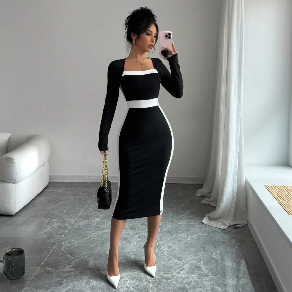 Autumn Winter Sweater Dress for Women 2024 New Arrivals Square Neck High Waist Long Knitted Dress Korean Maxi Dresses