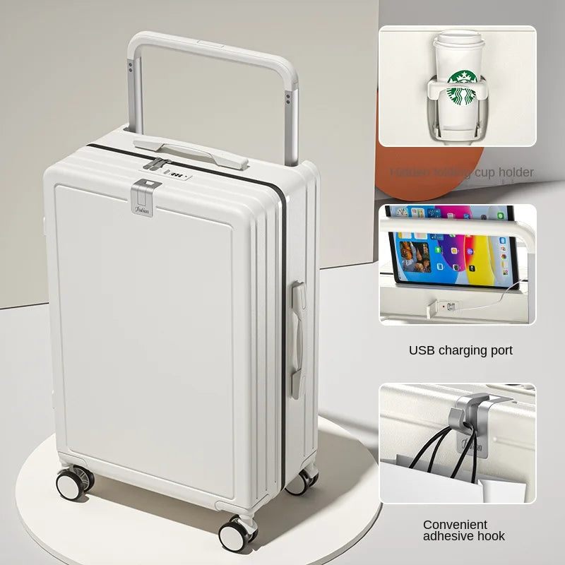 KIMLUD, Multifunctional Draw-Bar Suitcase Zipper Wide Handle Trolley Luggage with Cup Holder USB Port Trip Boarding Case Spinner 20 inch, white / 26Inches 650mm, KIMLUD APPAREL - Womens Clothes