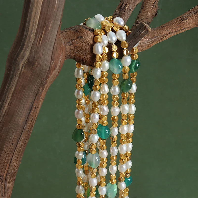 Women Natural Freshwater Pearl Necklace Green Natural Stone Jewelry Accessories Gold Plated Beaded Chain Girl Gift Sale