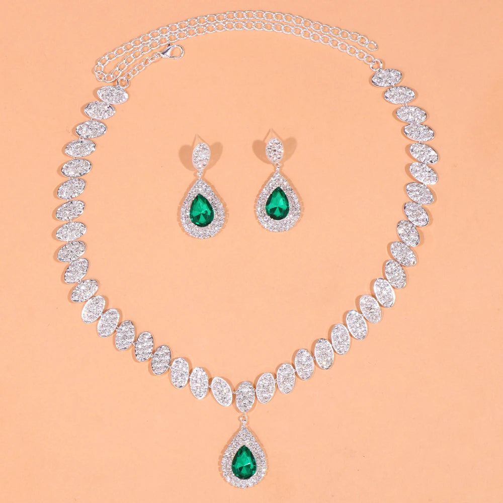 KIMLUD, Stonefans Exquisite Round Crystal Necklace Set Wedding for Women Green Water Drop Rhinestone African Jewelry Set Bridal Gifts, SILVER PLATED, KIMLUD APPAREL - Womens Clothes