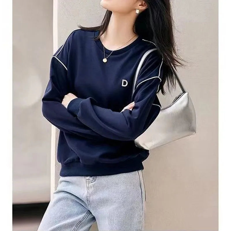 KIMLUD, New Autumn Fashion Trend Patchwork Round Neck Loose and Versatile Casual Age Reducing Commuting Women's Long Sleeved Sweater, KIMLUD Womens Clothes