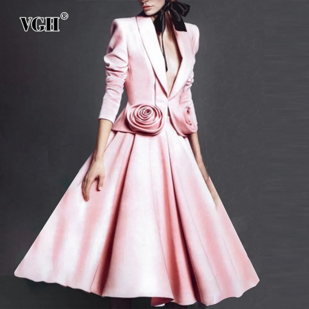 VGH Solid Slim Two Piece Set For Women Notched Long Sleeve Spliced Appliques Tops High Waist A Line Skirt Elegant Sets Female