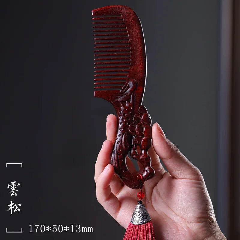 Natural Rhinoceros Horn Small Leaf Red Sandalwood Carved Wood Comb Retro Style Massage Comb Gifts with comb - KIMLUD