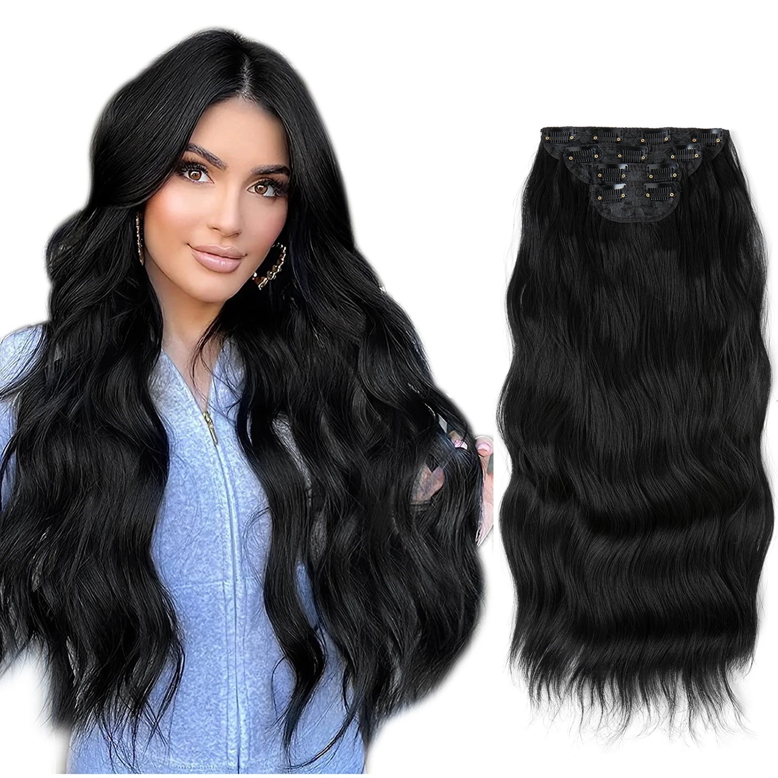 22" 4pcs/set Synthetic Clip In Hair Extensions Elegant Long Wavy Thick Hairpiece Daily Use Brown Blonde Natural Fake Hair - KIMLUD