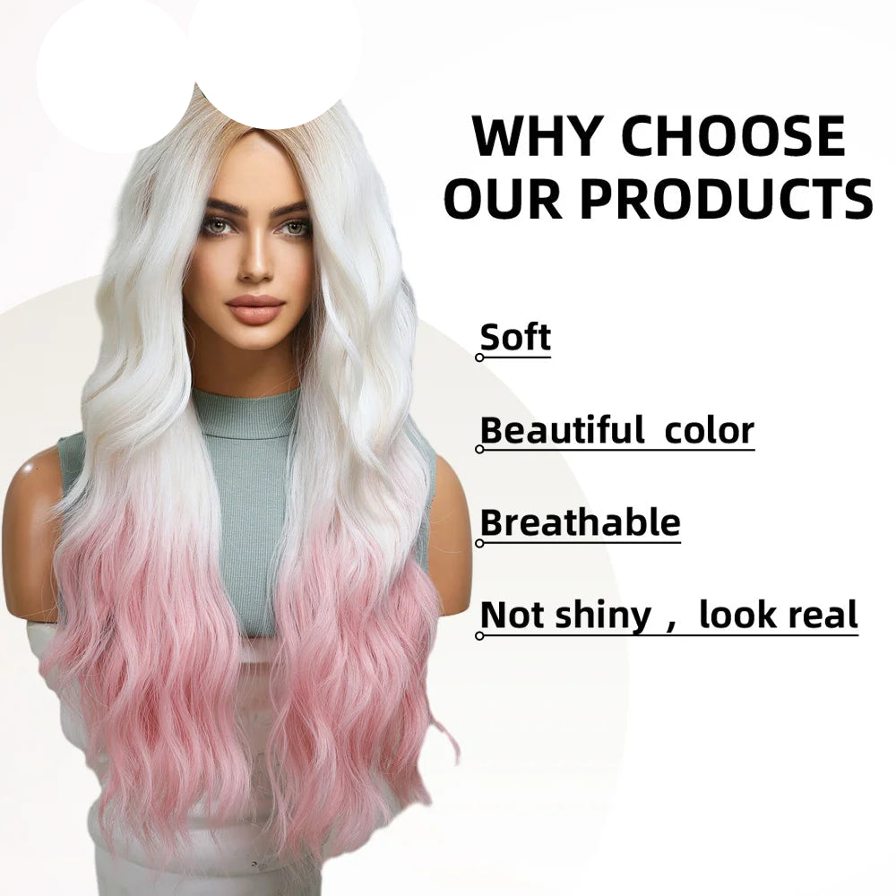 KIMLUD, oneNonly Pink White Long Wig Blonde Rainbow Wavy Wigs Halloween Cosplay Party Wigs for Women Makeup Tools Synthetic Hair, KIMLUD Womens Clothes