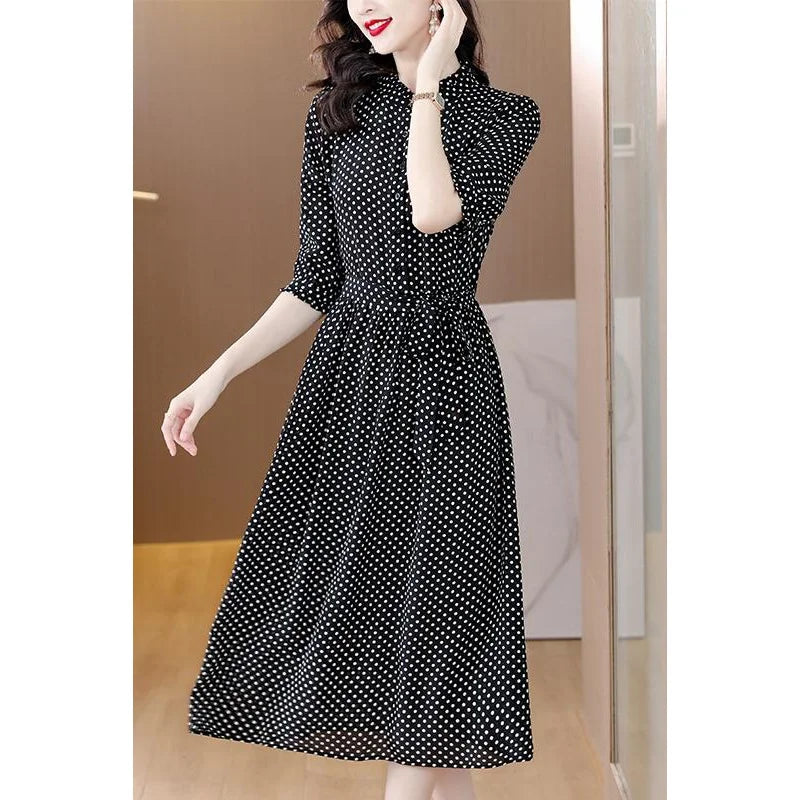 Spring Fashion Elegant Silk Printed Dress For Women 2023 New Versatile 5/4 Sleeve Loose Fit Casual Holiday Knee Length Dress Ves