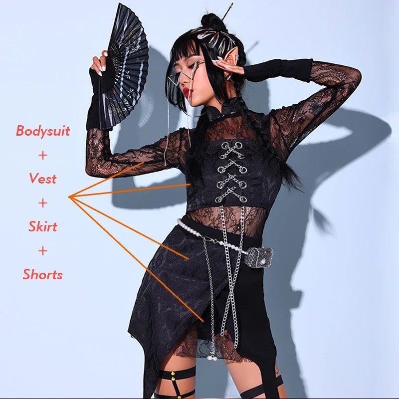 2023New Jazz Dance Costume Women Sexy White Lace Gogo Dancer Outfit Hip Hop Clothes Korean Singer Stage Costume Dj Ds Rave Wear - KIMLUD