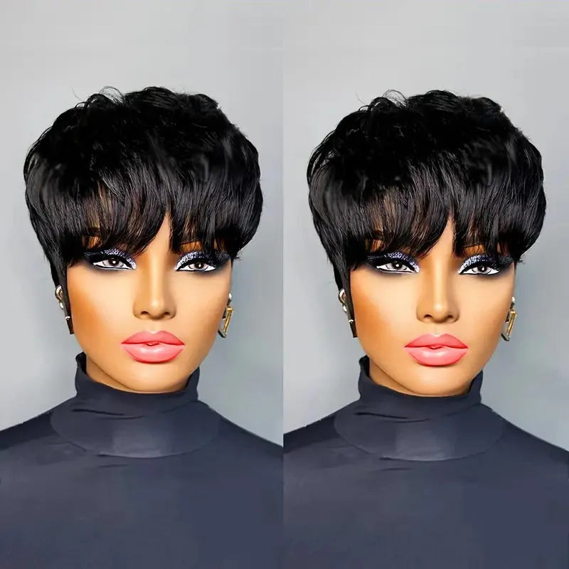 KIMLUD, Pixie Cut Wigs For Women Human Hair Short Bob Wig With Bangs Layered Pixie Cut Wig 9A Brazilian Human Hair Full Machine Made Wig, KIMLUD Womens Clothes