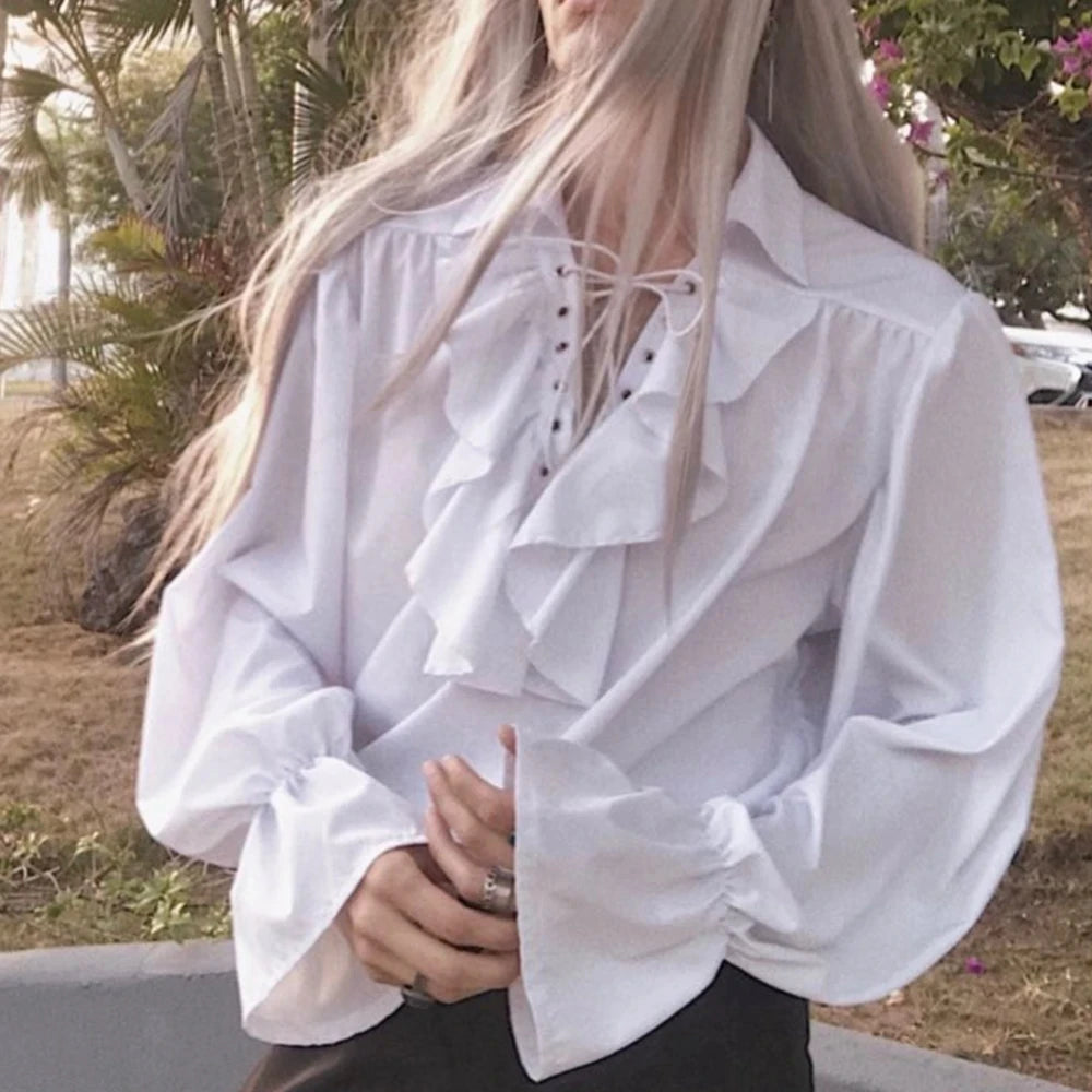 Medieval Halloween Costumes Autumn Casual Shirts Steampunk Cosplay Bandage Long Sleeve Ruffled Shirt Gothic Blouse Tops