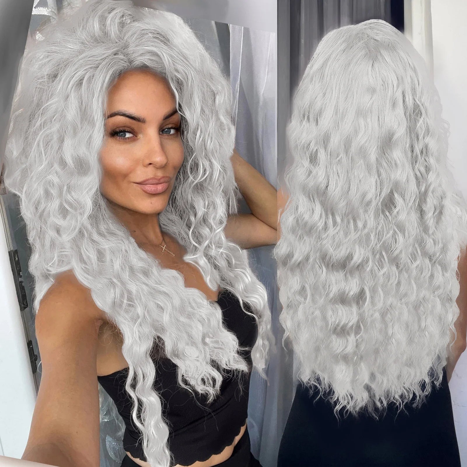 KIMLUD, Ash Blonde Curly Wig Synthetic Long Curly Hair Wigs for Women Fluffy Hairstyle Wave Ombre Wig Costume Carnival Party Regular Wig, Light Grey / 26inches, KIMLUD APPAREL - Womens Clothes