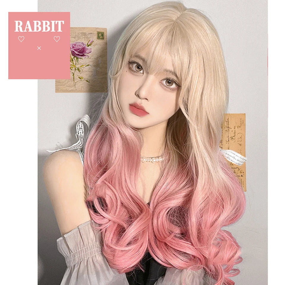 LM Long Natural Wavy Platinum Blonde Pink Wigs with Bangs Cosplay Party Lolita Synthetic Wigs for Women Heat Resistant Fiber