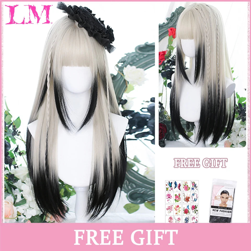 LM Long Natural Wavy Platinum Blonde Pink Wigs with Bangs Cosplay Party Lolita Synthetic Wigs for Women Heat Resistant Fiber