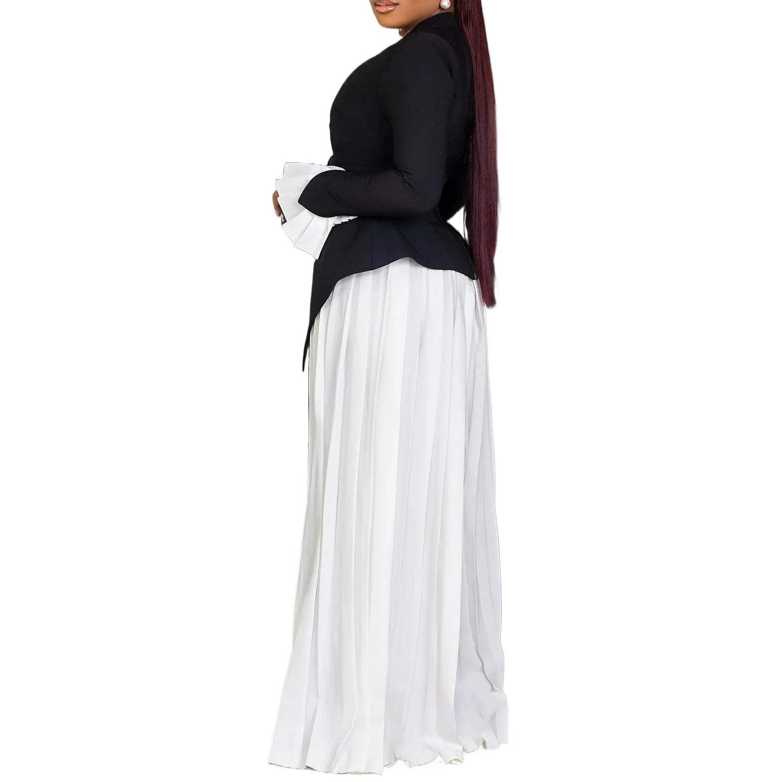 New Stylish Flared Sleeve Top Pleated Wide-leg Pants Two-piece African Suit