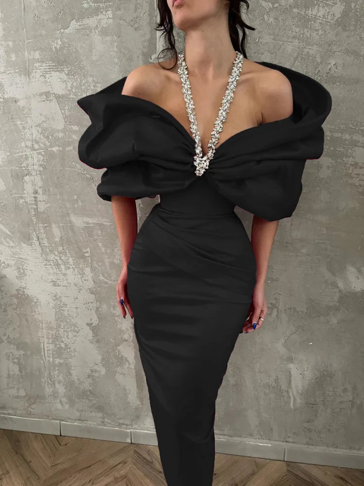 Women Sexy Off Shoulder Ruched Black Maxi Long Diamonds Celebrity Bodycon Bandage Dress 2025 Elegant Evening Club Party Dress