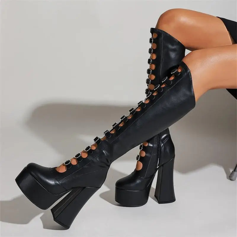 Thick Bottom Hollow Knee High Boots Women Side Zipper Square Heel Pole Dance Female Sexy Shoes Super High Heel Platform Designer