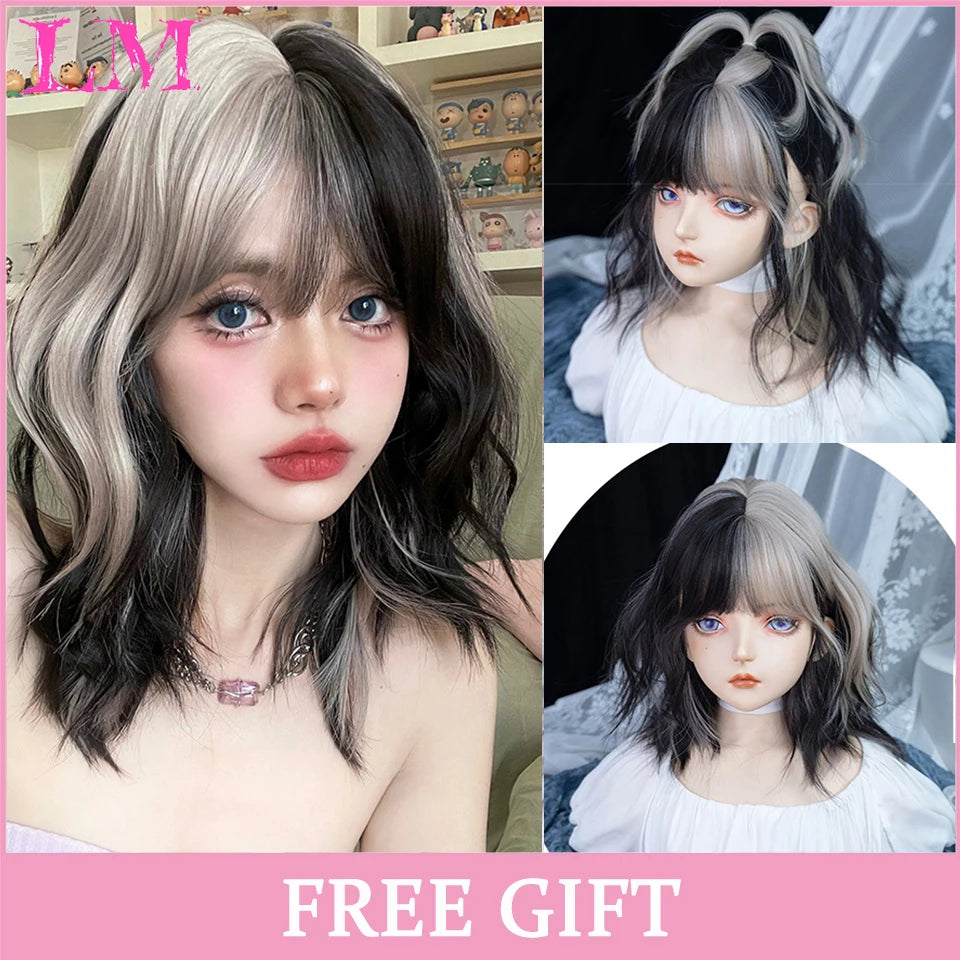 LM Long Natural Wavy Platinum Blonde Pink Wigs with Bangs Cosplay Party Lolita Synthetic Wigs for Women Heat Resistant Fiber