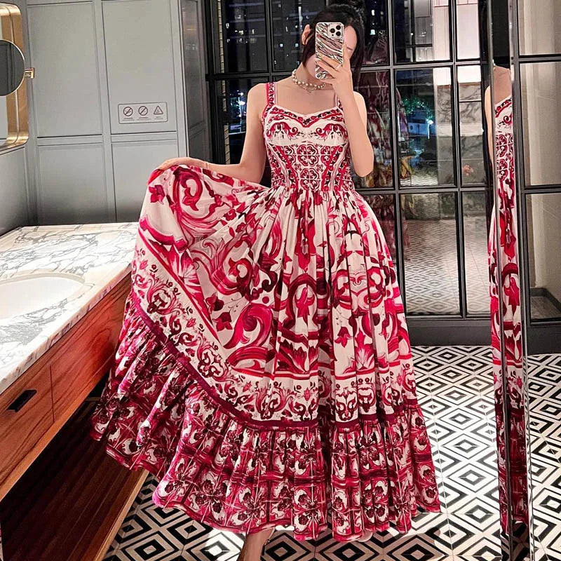 100% Cotton Red Blue And White Porcelain Printed Mid-Length Poplin Dress For Women'S Fashion Holiday Party Spring Summer 2023