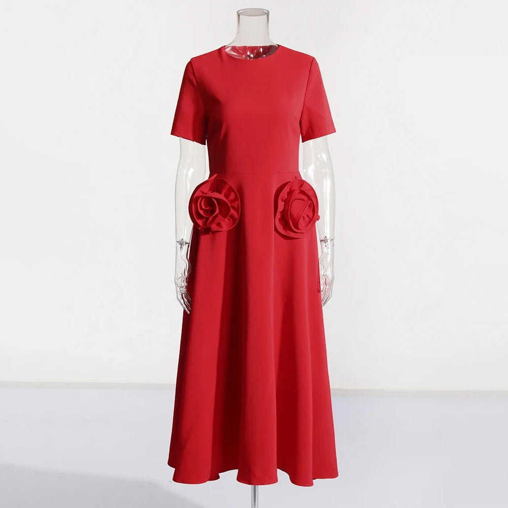 KIMLUD, VGH Red Patchwork Floral Long Dress For Women Round Neck Short Sleeve High Waist Elegant Dresses Female Fashion New Clothing, M / Red, KIMLUD APPAREL - Womens Clothes