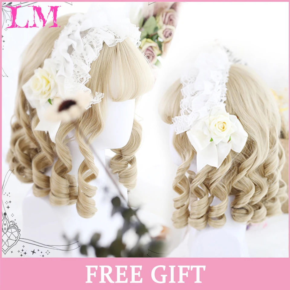 LM Long Natural Wavy Platinum Blonde Pink Wigs with Bangs Cosplay Party Lolita Synthetic Wigs for Women Heat Resistant Fiber