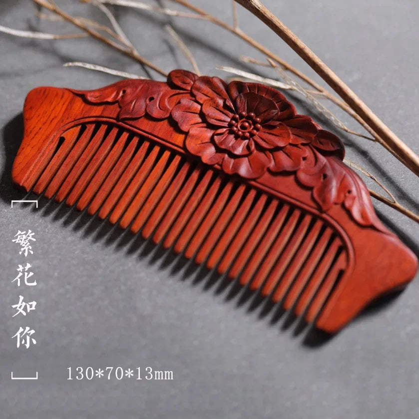 Natural Rhinoceros Horn Small Leaf Red Sandalwood Carved Wood Comb Retro Style Massage Comb Gifts with comb - KIMLUD