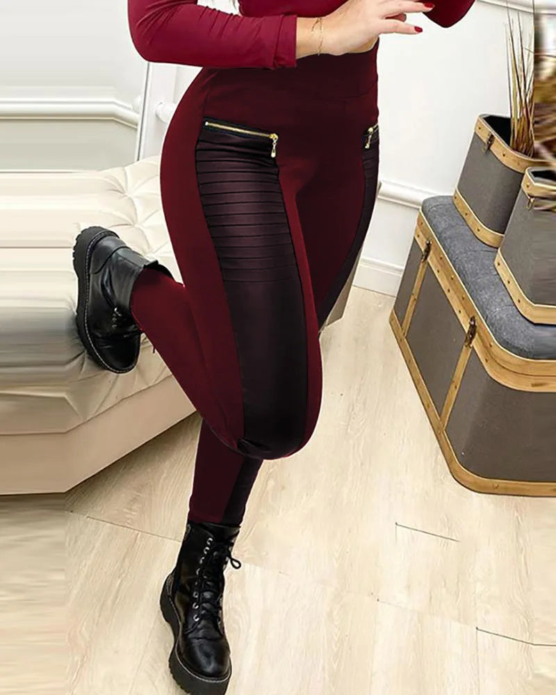 Skinny Pants Women Streetwear Contrast Zipper Detail New Fashion Elegant Leather Casual Bottom Trousers for Female Spring 2024