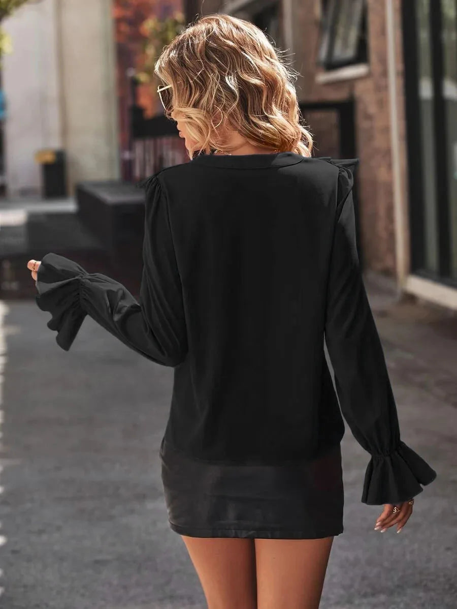 Autumn New V-neck Ruffled Elegant Shirt For Women Long Sleeve Solid Color Button Blouses And Tops 2023 Casual Office Lady Shirts