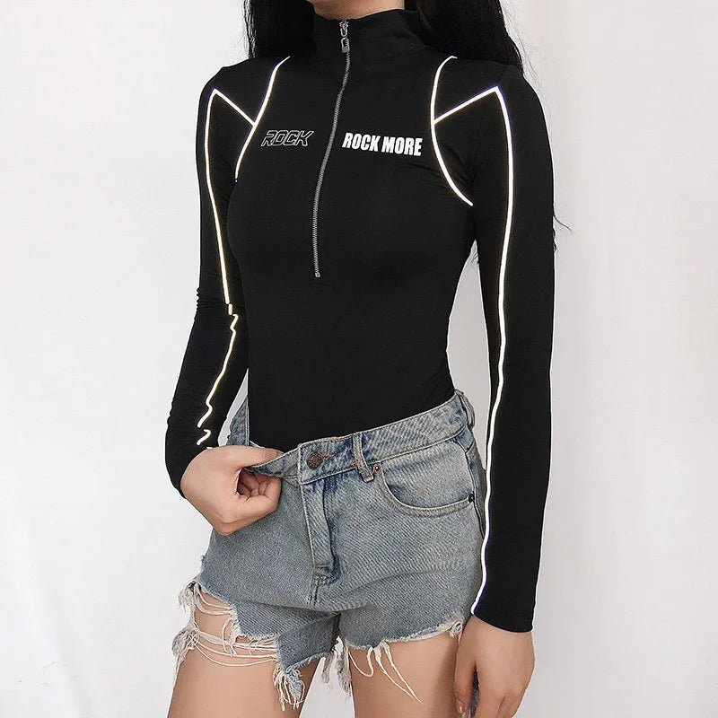 Y2K Bodysuit Black High-neck reflective zipper one-piece tops women tight bottoming sexy body T-shirt Long Sleeve Bodysuit Women