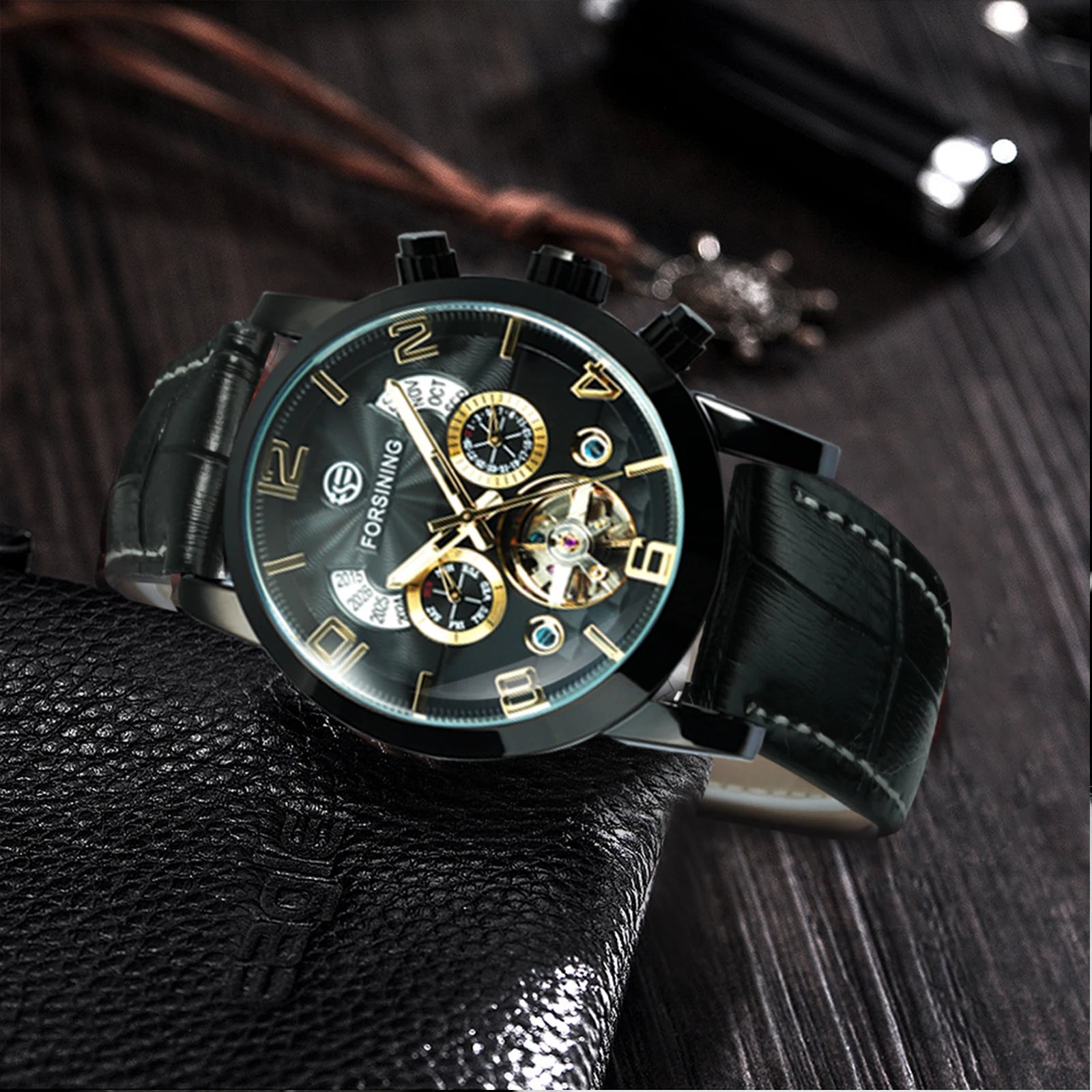 KIMLUD, Forsining Classic Tourbillon Men Mechanical Wristwatches Top Brand Luxury Multifunction Automatic Watch Leather Strap Male Clock, KIMLUD Womens Clothes